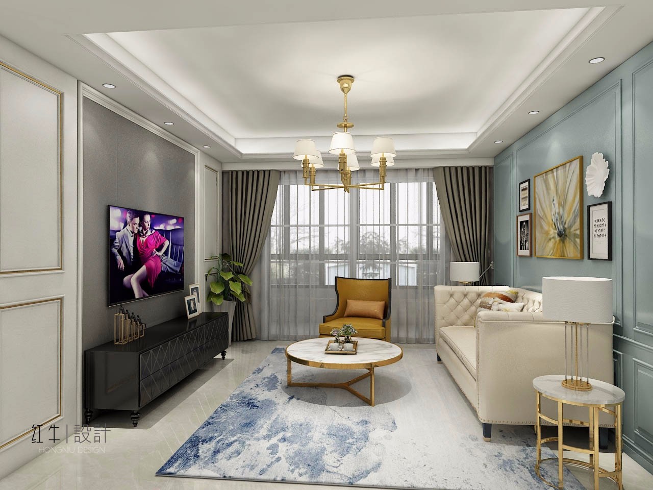 南京保利國際社區(qū)115平米簡約美式風(fēng)格裝修04客廳_水印