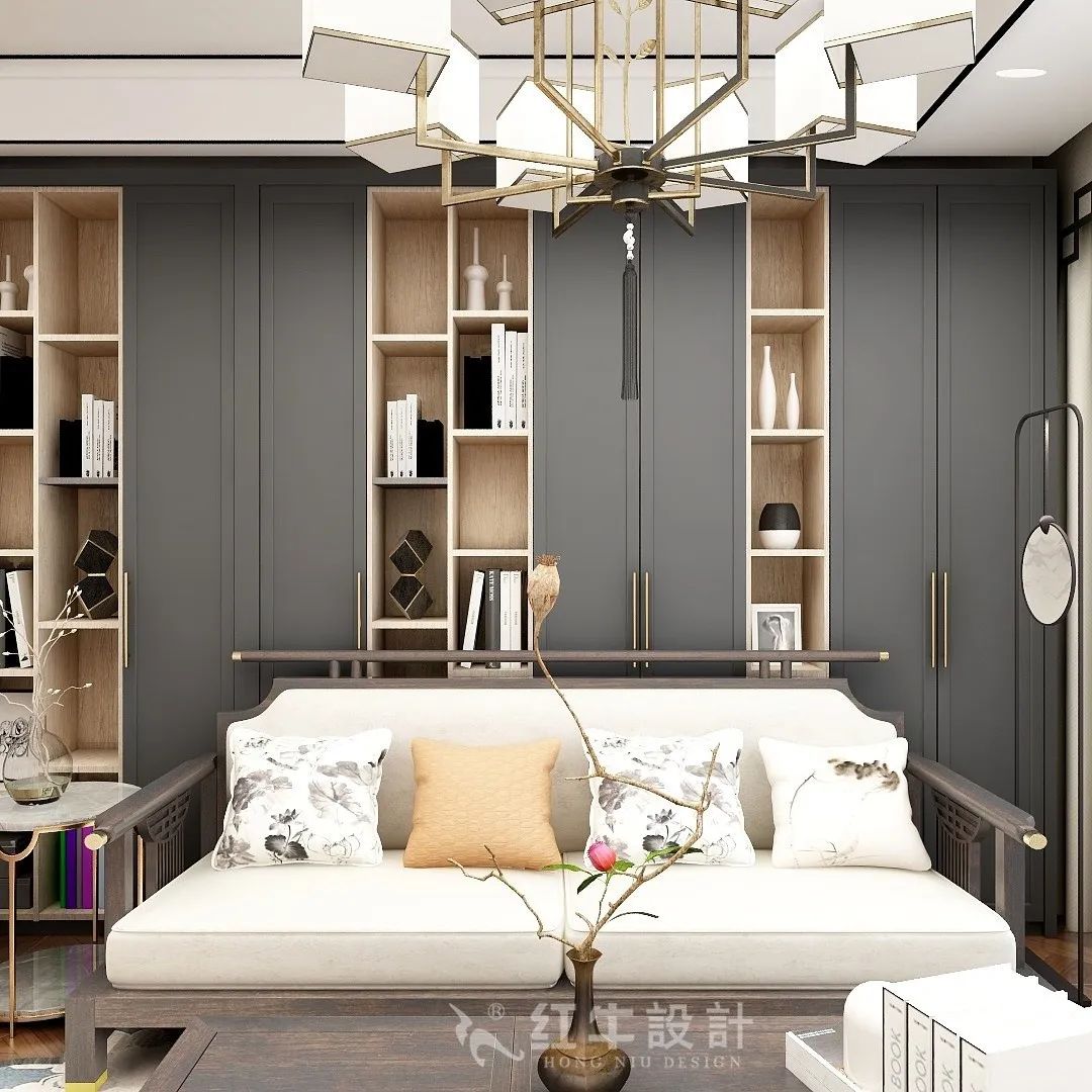 朱明琪_紅牛設計--中垠紫金官邸105㎡(C3戶型)新中式風格07效果圖欣賞_客廳