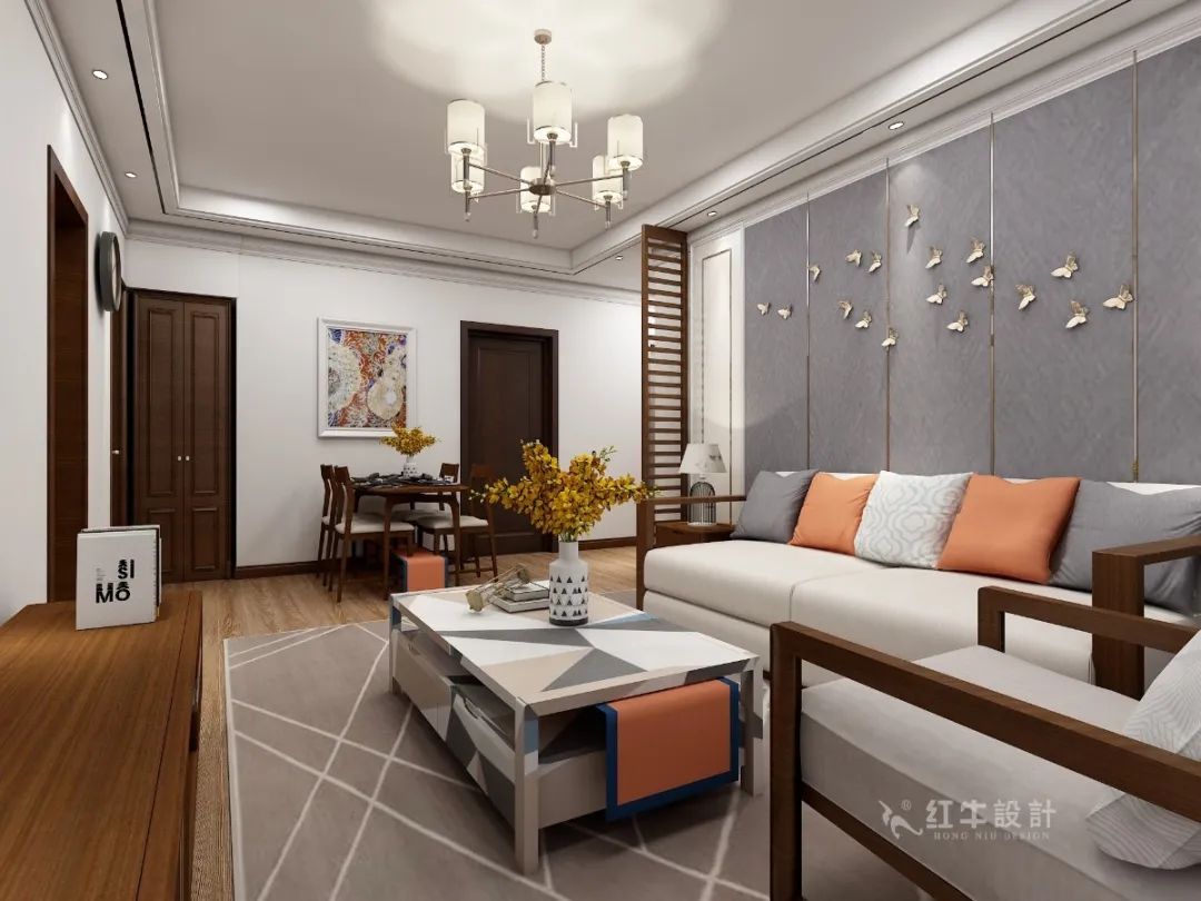 紅牛設(shè)計--中垠紫金官邸122㎡(E戶型)現(xiàn)代中式06效果圖欣賞_客餐廳