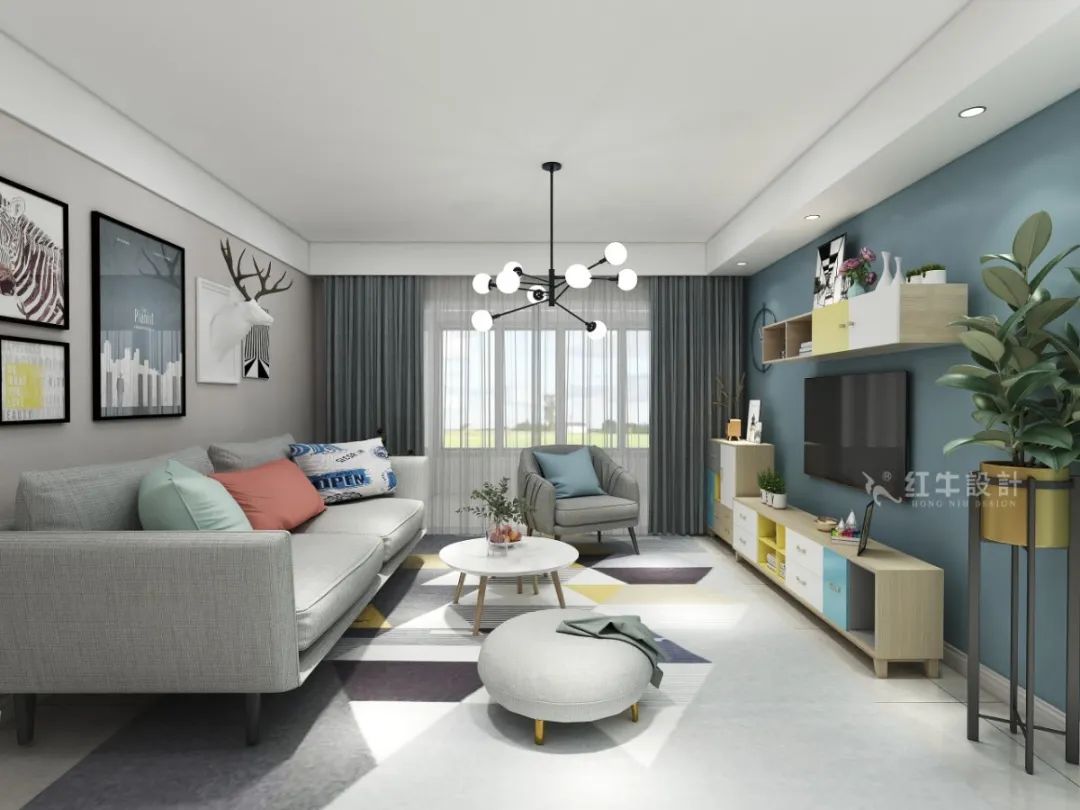 紅牛設(shè)計(jì)--創(chuàng)源龍樾89㎡現(xiàn)代簡約04效果圖欣賞_客廳