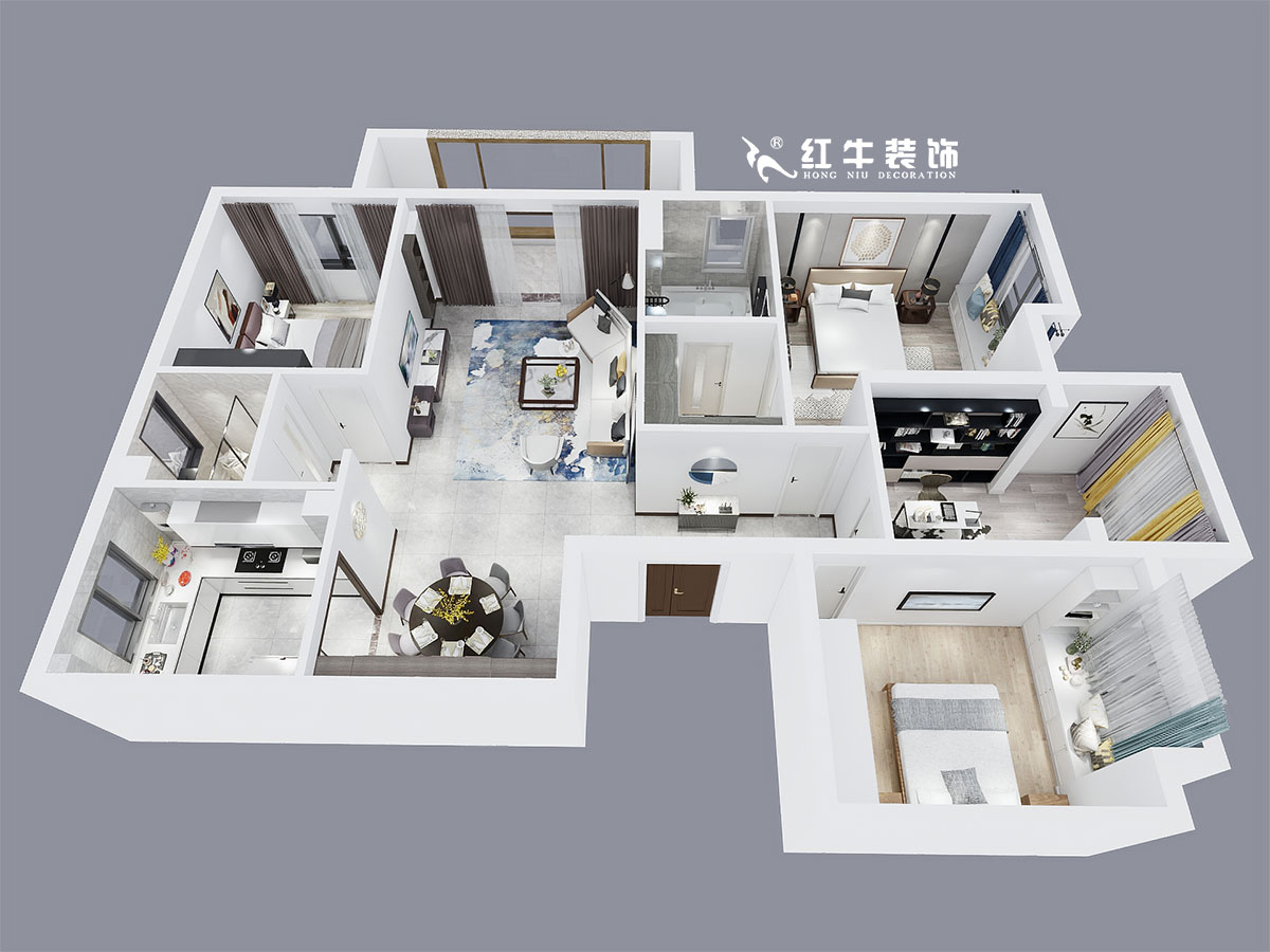 顧娟_新亭蘭苑1-604-148㎡-現(xiàn)代風格_4室2廳2衛(wèi)（老房裝修）_定制家￥165000_全包21萬00鳥瞰圖