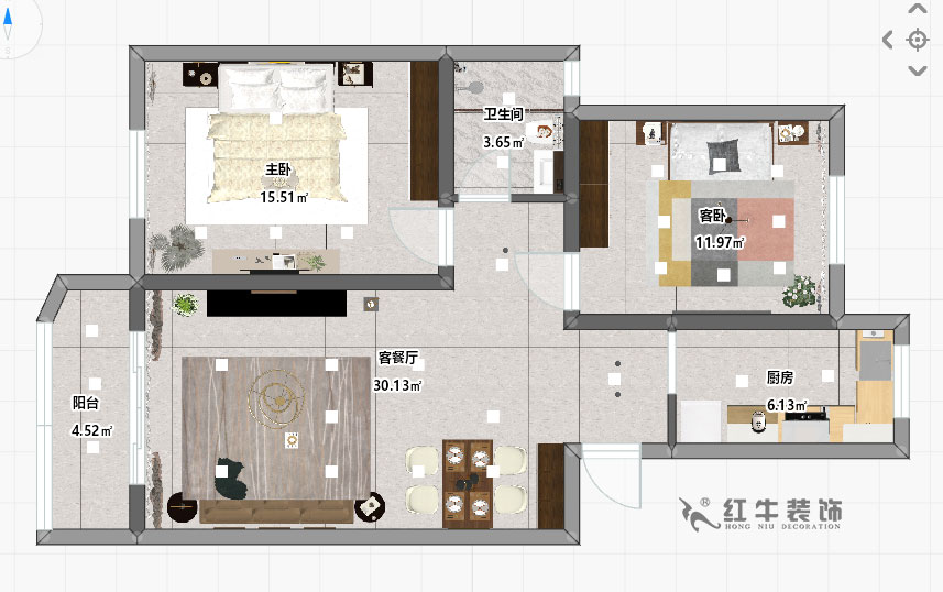 房亮_紅山機電花園4-104-85㎡-現(xiàn)代簡約風格_2室2廳1衛(wèi)(老房裝修)_成品家¥111499_全包11萬00_03彩平圖