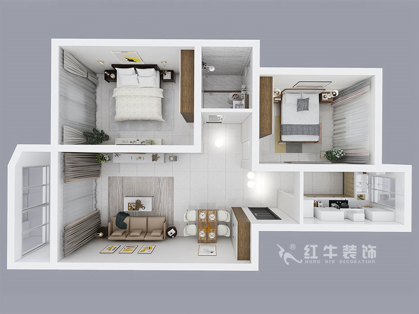 房亮_紅山機電花園4-104-85㎡-現(xiàn)代簡約風格_2室2廳1衛(wèi)(老房裝修)_成品家¥111499_全包11萬00_04鳥瞰圖