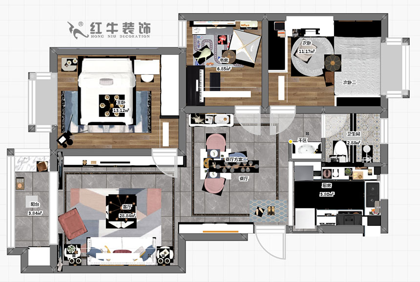 朱明琪_雙和園15-1-702-95㎡-簡美風格_3室2廳1衛(wèi)（老房裝修）_成品家￥128088_全包13萬00_03彩平圖