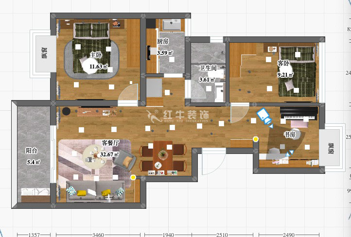 陸利民_紅豆香江華庭5-2-104-87㎡-現(xiàn)代風(fēng)格_3室2廳1衛(wèi)（新房裝修）_定制家￥114000_全包12萬(wàn)00_03彩平圖