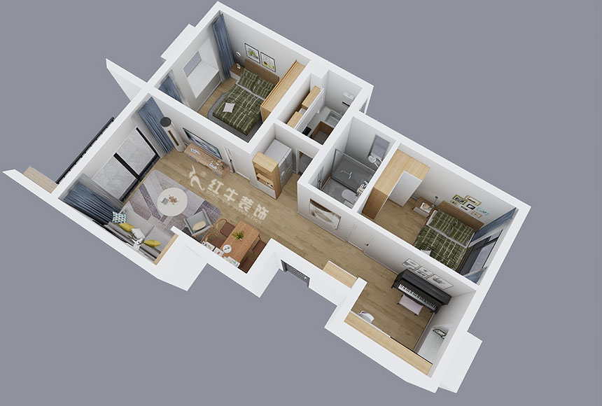 陸利民_紅豆香江華庭5-2-104-87㎡-現(xiàn)代風(fēng)格_3室2廳1衛(wèi)（新房裝修）_定制家￥114000_全包12萬(wàn)00_04鳥(niǎo)瞰圖