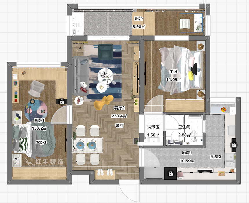 余瑋_中航金城一號7-402-91㎡-北歐風(fēng)格_2室2廳1衛(wèi)(新房裝修)_成品家¥151366_全包15