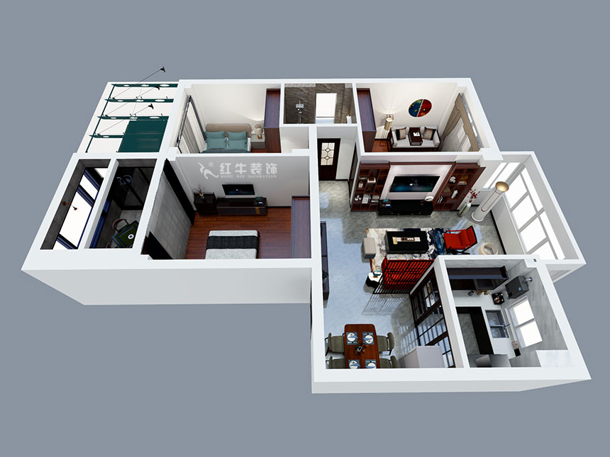 張智猿|紅山山莊8-204-100㎡-簡中風(fēng)格|3室1廳1衛(wèi)|老房裝修|定制家¥153700|全包15萬|00_04鳥瞰圖