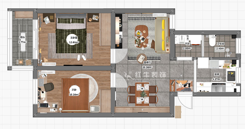 孟憲濤|雨花村12-606-70㎡-現(xiàn)代風(fēng)格|2室1廳1衛(wèi)|二手房裝修|成品家¥91000|全包9萬(wàn)|00_03彩平圖