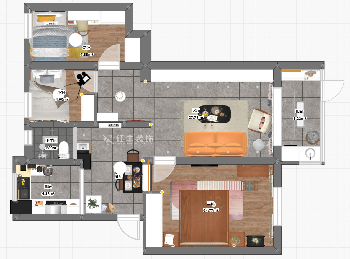 魏明花｜水佑崗22-2-103-80㎡-現(xiàn)代簡(jiǎn)約風(fēng)格｜3室2廳1衛(wèi)｜二手房裝修｜成品家￥135494｜全包13