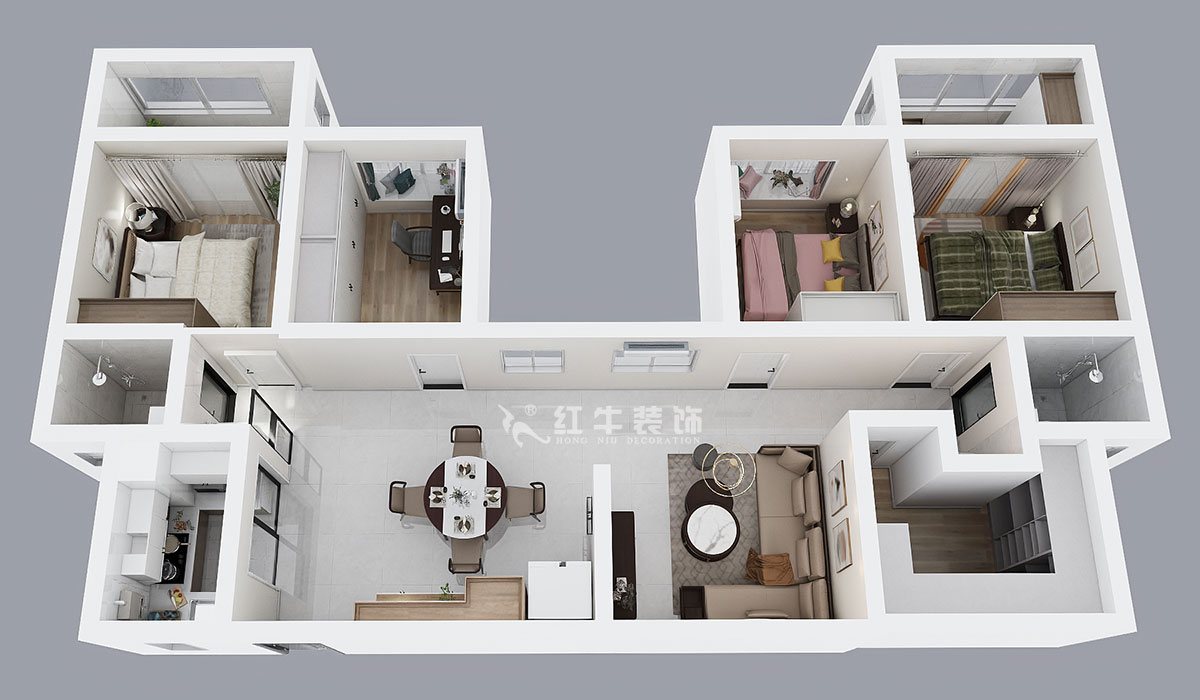 吳波｜楓霞雅苑9-203-131㎡-現(xiàn)代風(fēng)格｜4室2廳2衛(wèi)｜新房裝修｜定制家￥126398｜全包13萬｜00_04鳥瞰圖