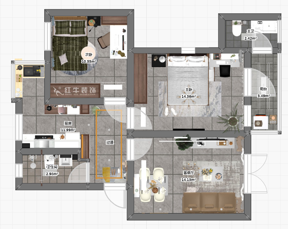 蔡成昊|廣東路38號14-101-76㎡-現(xiàn)代簡約風(fēng)格|3室1廳1衛(wèi)|老房裝修|定制家¥140124|全包14萬|00_03彩平圖