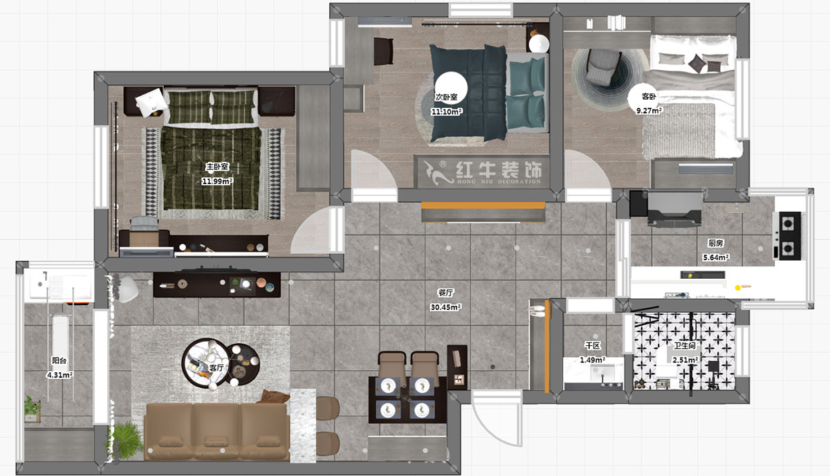 仇美蓉｜南方花園B組團18-401-93㎡-簡約風格｜3室2廳1衛(wèi)｜二手房裝修｜定制家￥118689｜全包12萬｜00_03彩平圖
