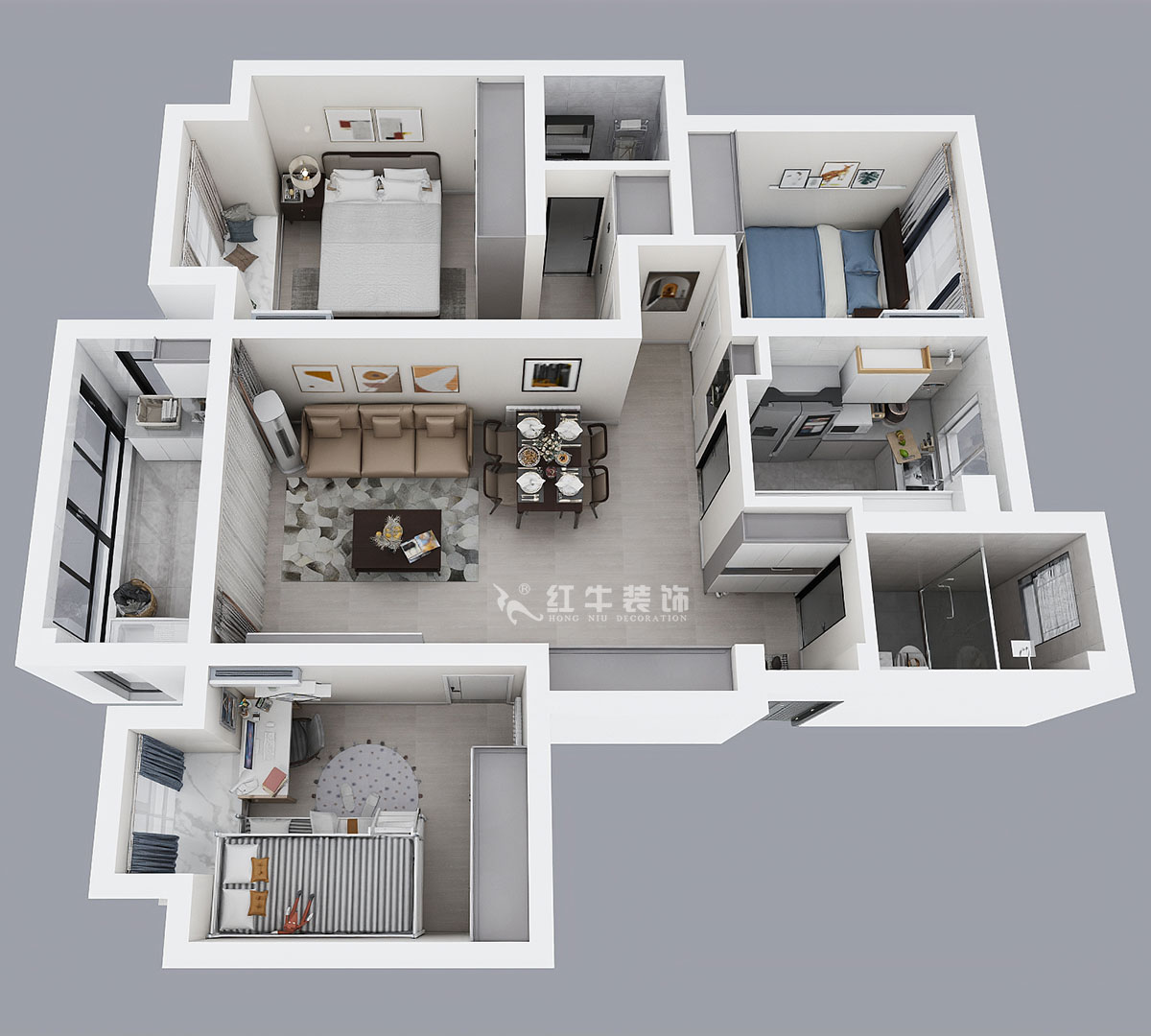 劉萍萍｜中南山錦花城10-1-802-97㎡-簡約風格｜3室2廳2衛(wèi)｜老房裝修｜定制家￥132780｜全包14萬｜00_04鳥瞰圖