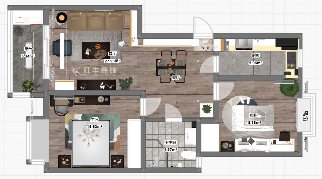 蔣?。鸹涑?-203-90㎡-現(xiàn)代簡約風格｜2室2廳1衛(wèi)｜舊房裝修｜定制家￥121293｜全包12萬｜00_03彩平圖