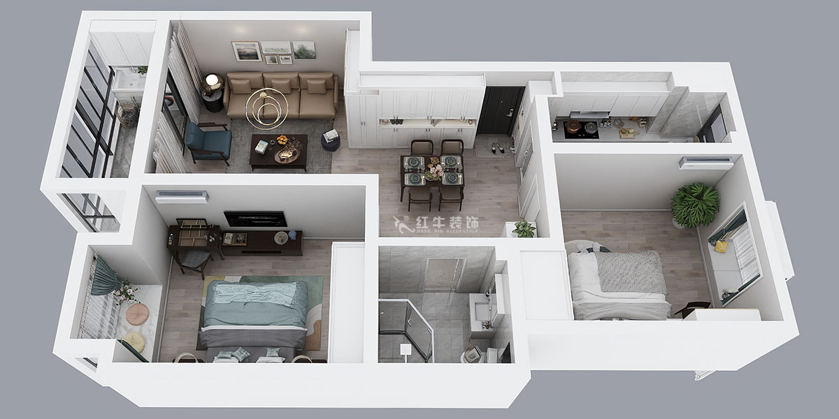 蔣琛｜金基翠城3-203-90㎡-現(xiàn)代簡約風格｜2室2廳1衛(wèi)｜舊房裝修｜定制家￥121293｜全包12萬｜00_04鳥瞰圖