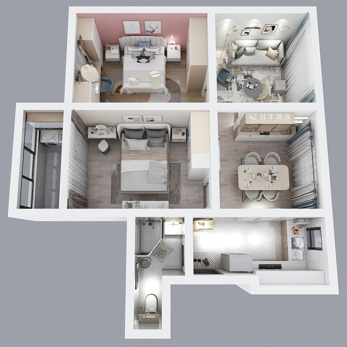 顧娟｜鼓樓街3號3-506-70㎡-北歐風(fēng)格｜3室2廳1衛(wèi)｜舊房裝修｜定制家￥110000｜全包12萬｜00_05鳥瞰圖