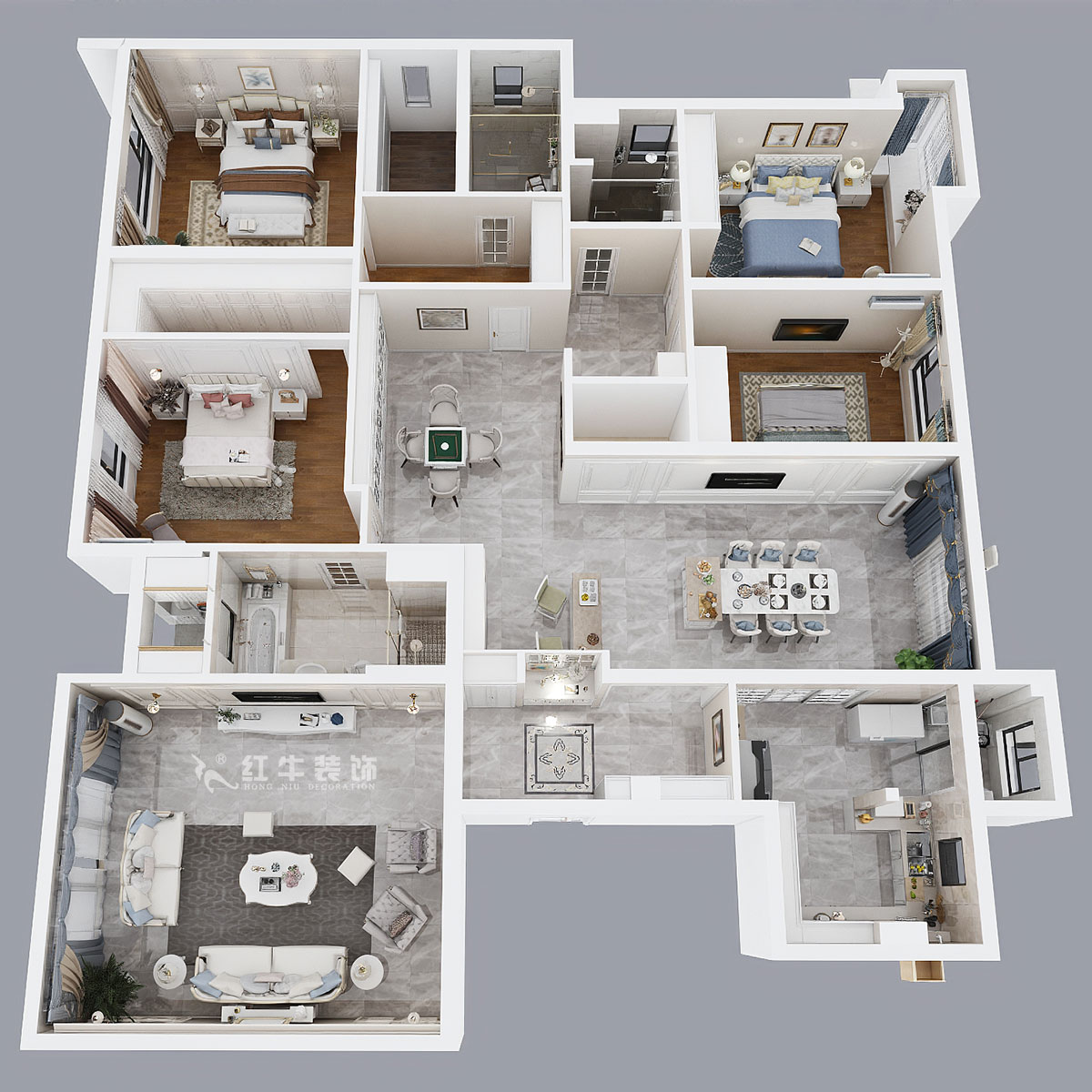 魏明花｜碧桂園鳳雅苑9-1004-260㎡-現(xiàn)代簡約風(fēng)格｜4室3廳3衛(wèi)｜毛坯房裝修｜定制家￥368533｜全包36萬｜00_03鳥瞰圖