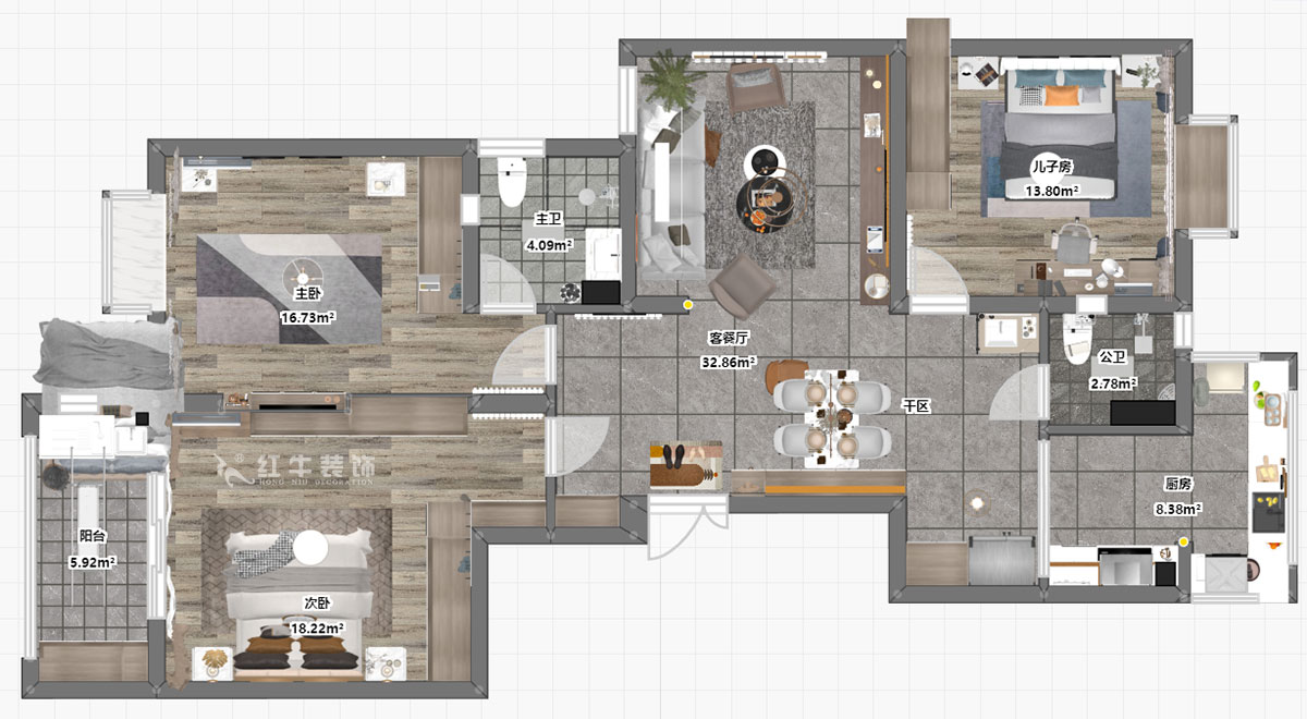 魏明花｜御道嘉庭7-1-402-132㎡-現(xiàn)代簡約風(fēng)格｜3室2廳2衛(wèi)｜新房裝修｜定制家￥218358｜全包21