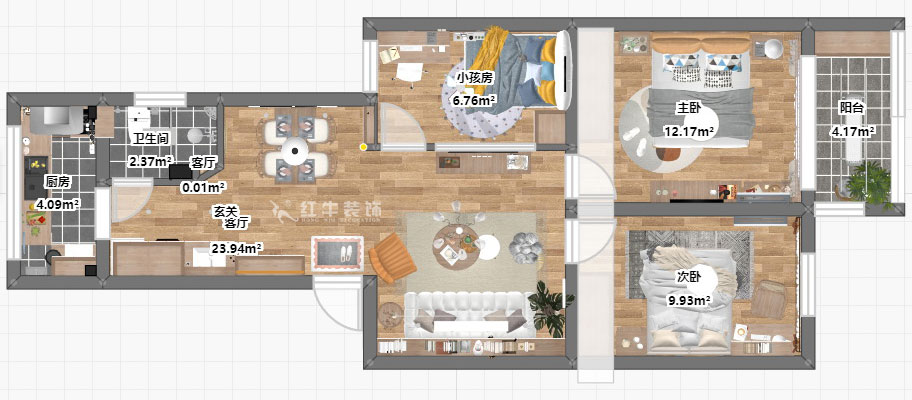 顧娟｜郵政世紀(jì)花園27-301-78㎡-北歐風(fēng)格｜3室2廳1衛(wèi)｜舊房裝修｜定制家￥107000｜全包12萬｜00_03平面彩圖