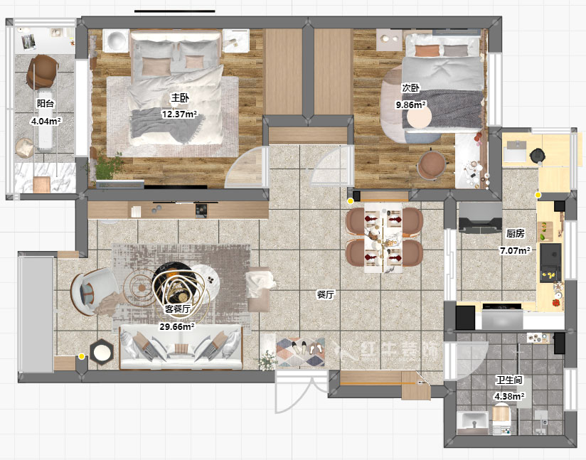 孟憲濤|幸福美地12-2-404-85㎡-簡(jiǎn)約風(fēng)格|2室2廳2衛(wèi)|老房裝修|定制家¥109000|全包12萬(wàn)|00_03彩平圖