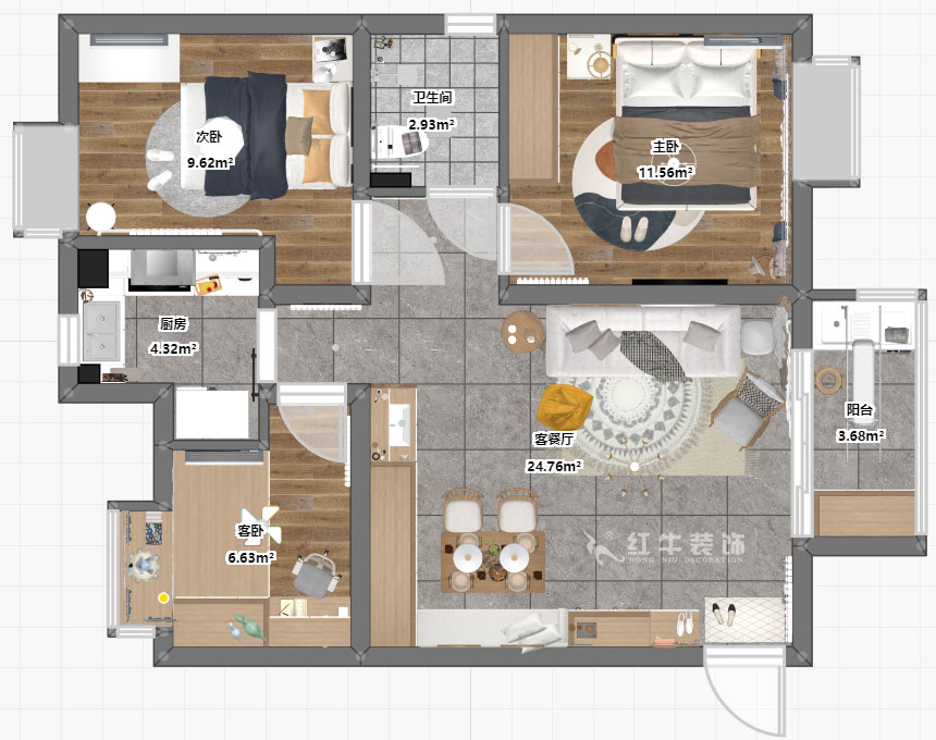 張桐瑋｜江雁依山郡23-901-76㎡-現(xiàn)代簡(jiǎn)約風(fēng)格｜3室1廳1衛(wèi)｜舊房改造｜定制家￥93180｜全包10萬(wàn)｜00_03彩平圖