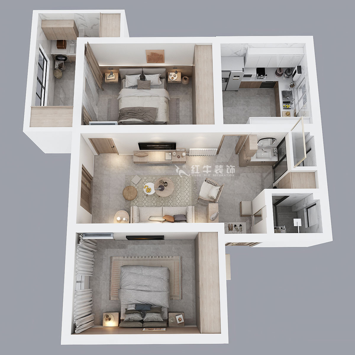 朱明琪｜有福家苑34-104-82㎡-現(xiàn)代簡約原木風格｜2室2廳1衛(wèi)｜老房裝修｜定制家￥131000｜全包14萬｜00_04鳥瞰圖