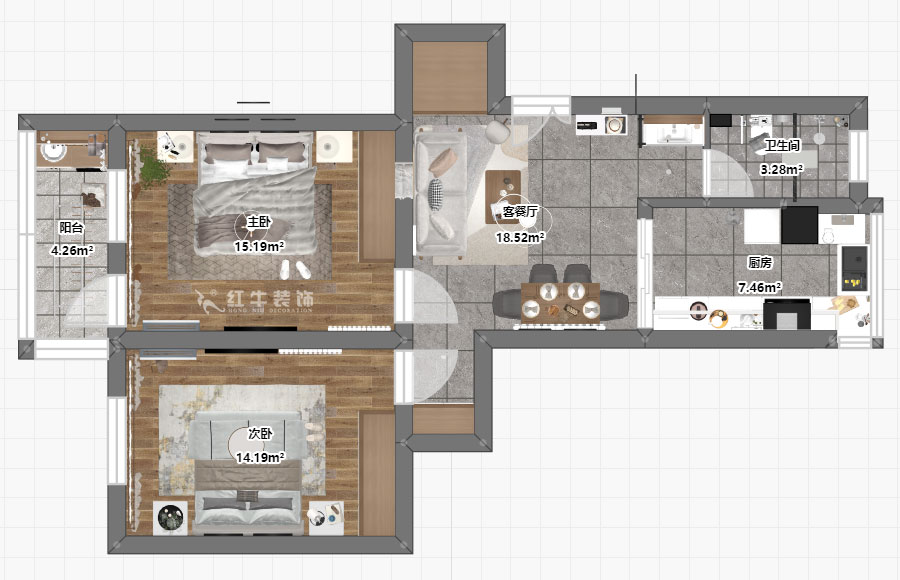 蔣?。蔡┐?1-401-80㎡-現(xiàn)代簡約風(fēng)格｜2室1廳1衛(wèi)｜舊房裝修｜定制家￥126767｜全包12萬｜00_03平面彩圖