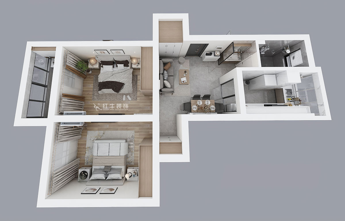 蔣?。蔡┐?1-401-80㎡-現(xiàn)代簡約風(fēng)格｜2室1廳1衛(wèi)｜舊房裝修｜定制家￥126767｜全包12萬｜00_04鳥瞰圖