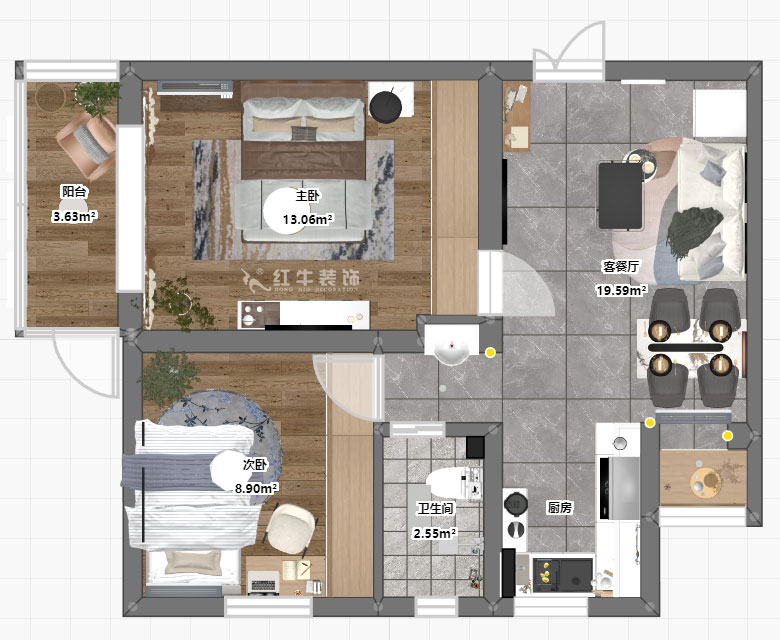 張桐瑋|騰飛園7-104-58㎡-現(xiàn)代簡約風格|2室1廳1衛(wèi)|舊房改造|定制家¥65000|全包10萬|00_04平面彩圖