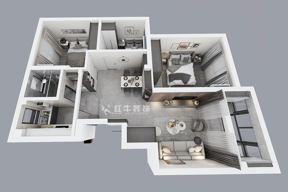 孟憲濤|盤城新居43-2-1103-90㎡-簡約風格|3室2廳1衛(wèi)|新房裝修|定制家¥113156|全包12萬|00_04鳥瞰圖