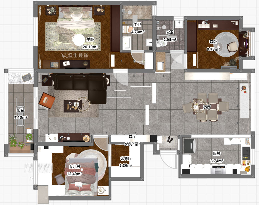 魏明花｜華府國際8-4-607-142㎡-現(xiàn)代簡約風格｜3室2廳2衛(wèi)｜毛坯房裝修｜定制家￥210681｜全包21萬｜00_03平面彩圖