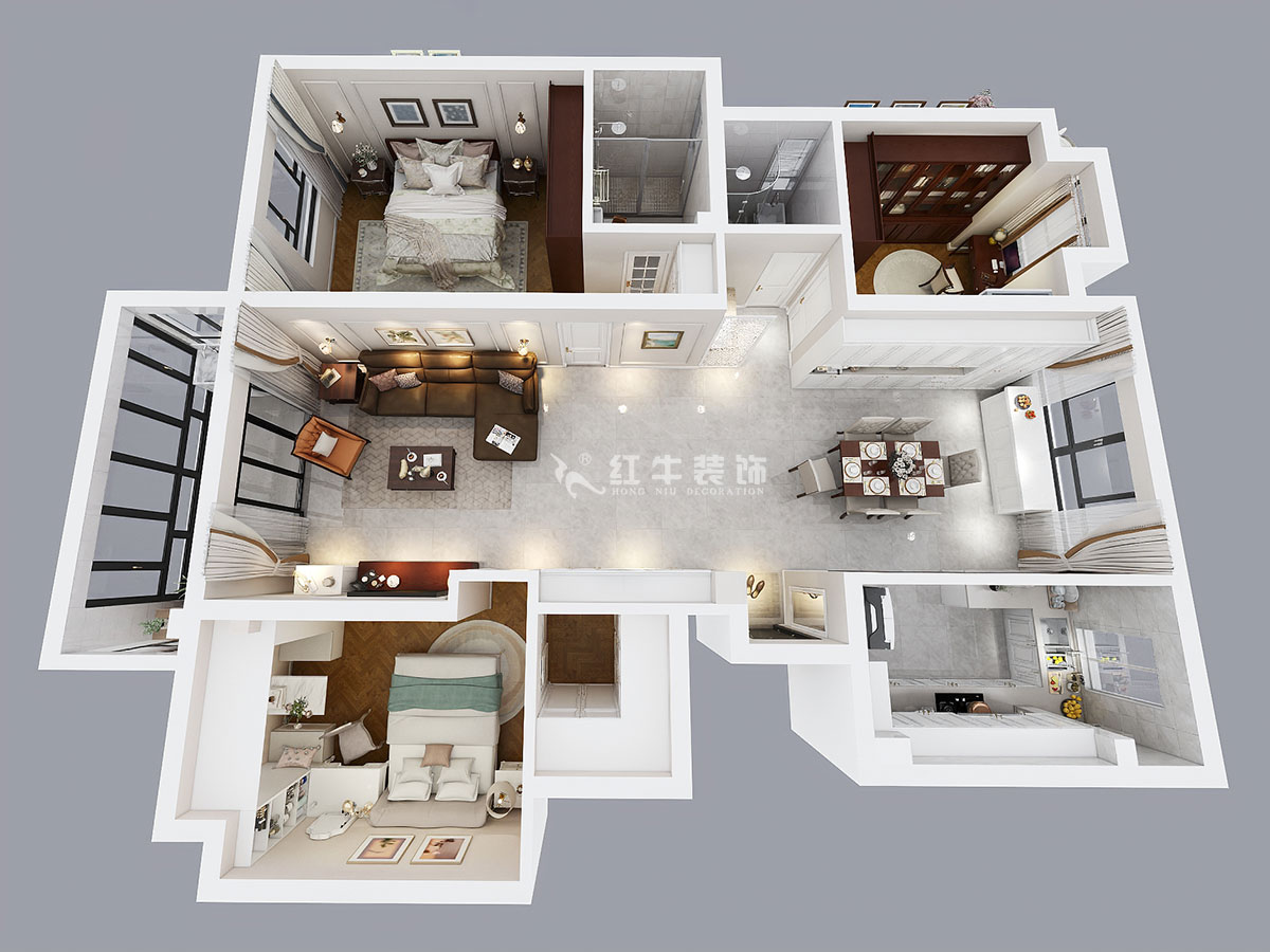 魏明花｜華府國際8-4-607-142㎡-現(xiàn)代簡約風格｜3室2廳2衛(wèi)｜毛坯房裝修｜定制家￥210681｜全包21萬｜00_04鳥瞰圖