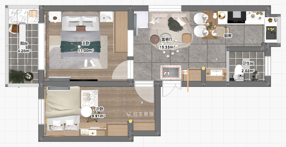 仇美蓉|愛達花園蘭花園62-14-302-60㎡-北歐風格|2室1廳1衛(wèi)|二手房裝修|定制家¥83229|全包8