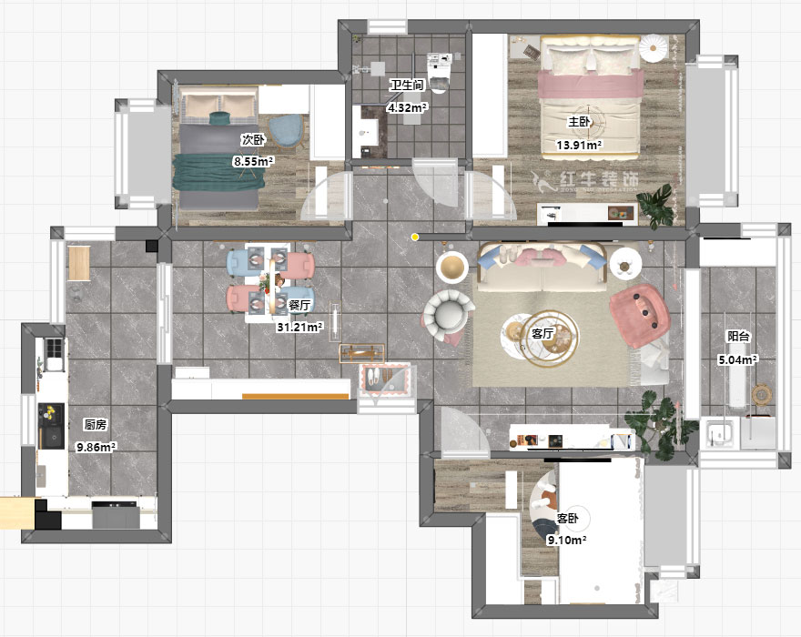 張桐瑋|恒大林溪郡13-1001-99㎡-簡歐風(fēng)格|3室1廳1衛(wèi)|新房裝修|定制家¥122000|全包13萬|00_04平面彩圖