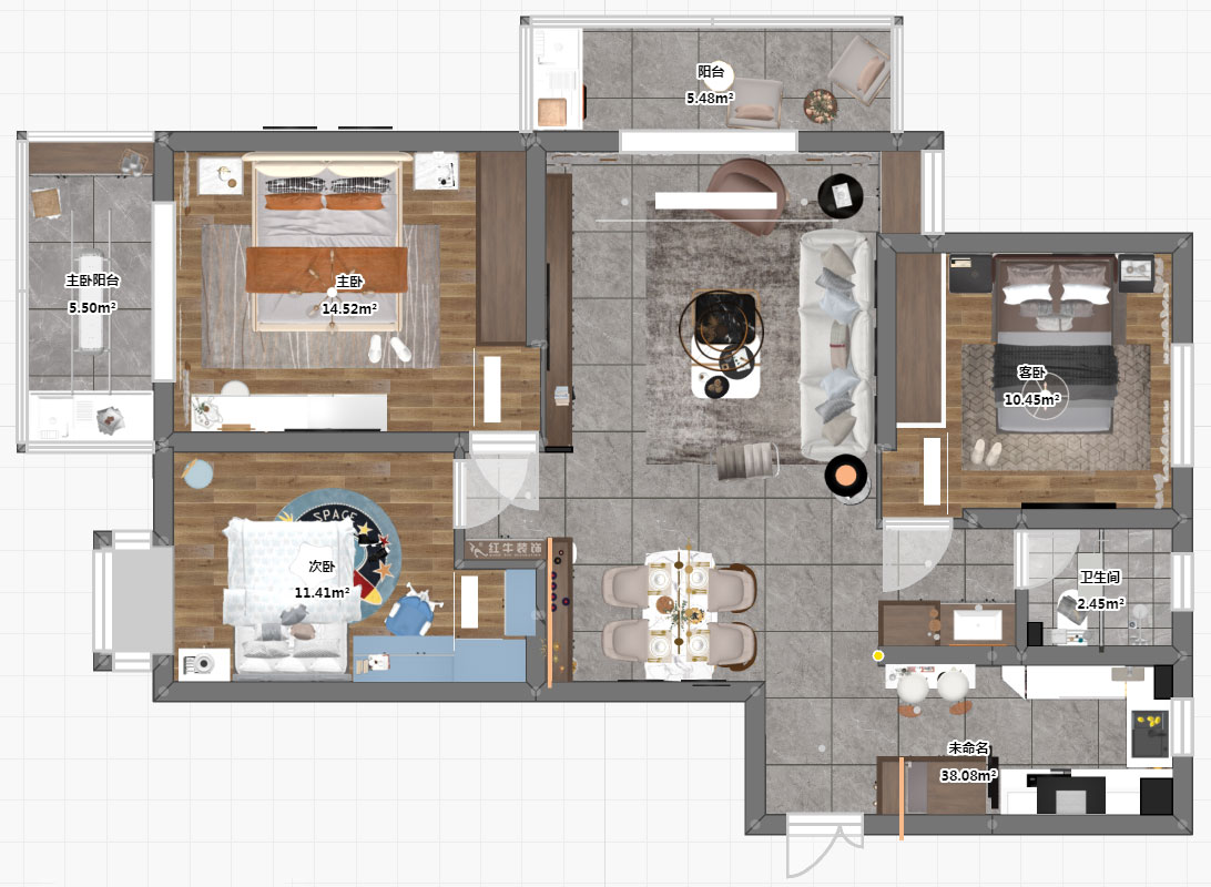 孟憲濤|七彩星城2-2406-120㎡-簡約風格|3室1廳1衛(wèi)|老房裝修|定制家¥160000|全包16萬|00_03平面彩圖