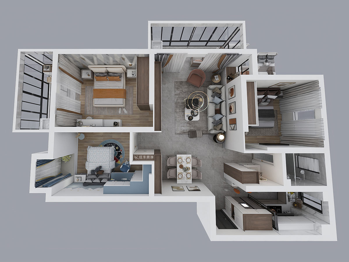 孟憲濤|七彩星城2-2406-120㎡-簡約風格|3室1廳1衛(wèi)|老房裝修|定制家¥160000|全包16萬|00_04鳥瞰圖