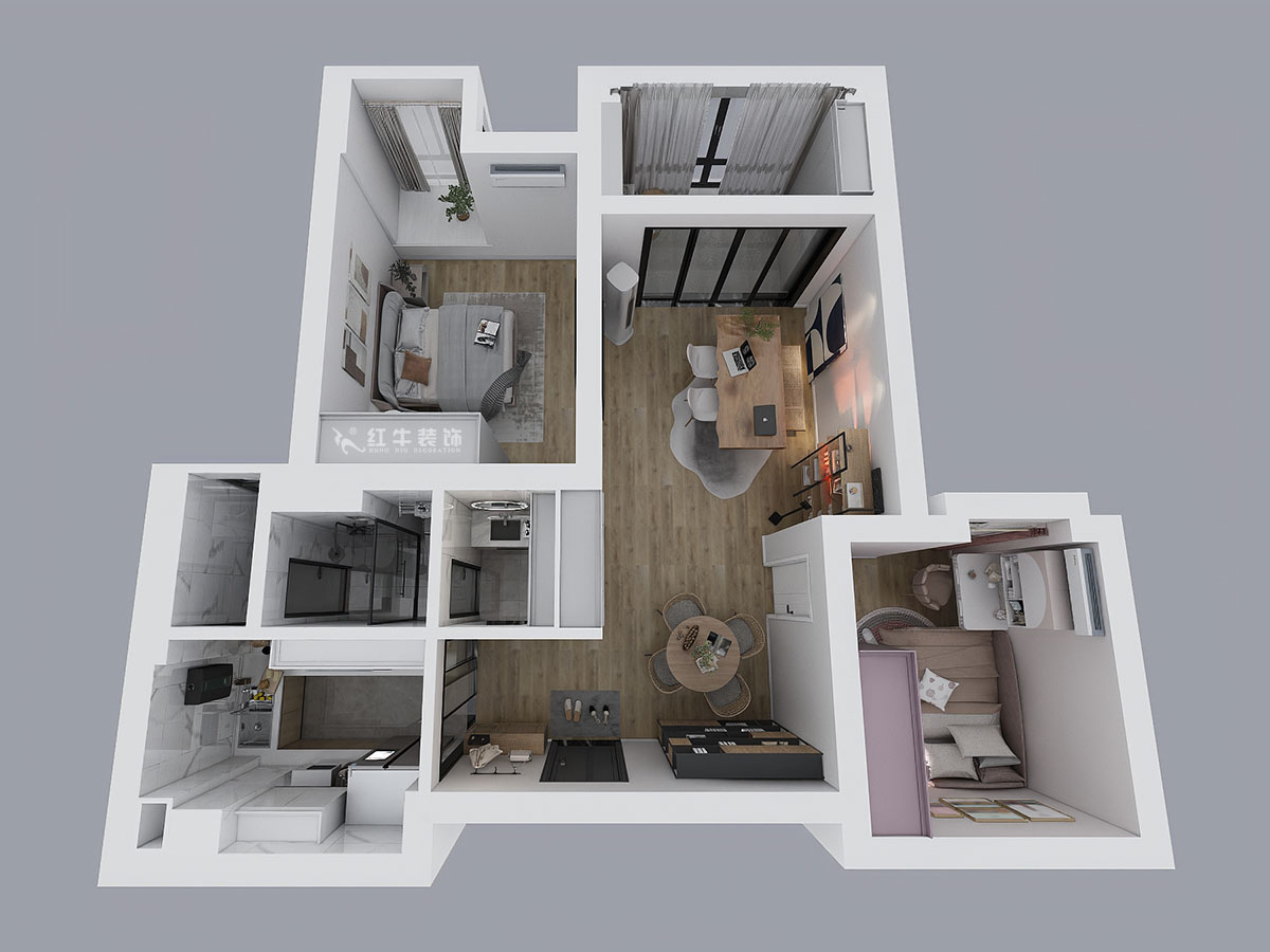 仇美蓉|金陵灣南區(qū)1-3-502-99㎡-簡(jiǎn)約風(fēng)格|2室2廳1衛(wèi)|新房裝修|定制家|全包12萬|00_04鳥瞰圖