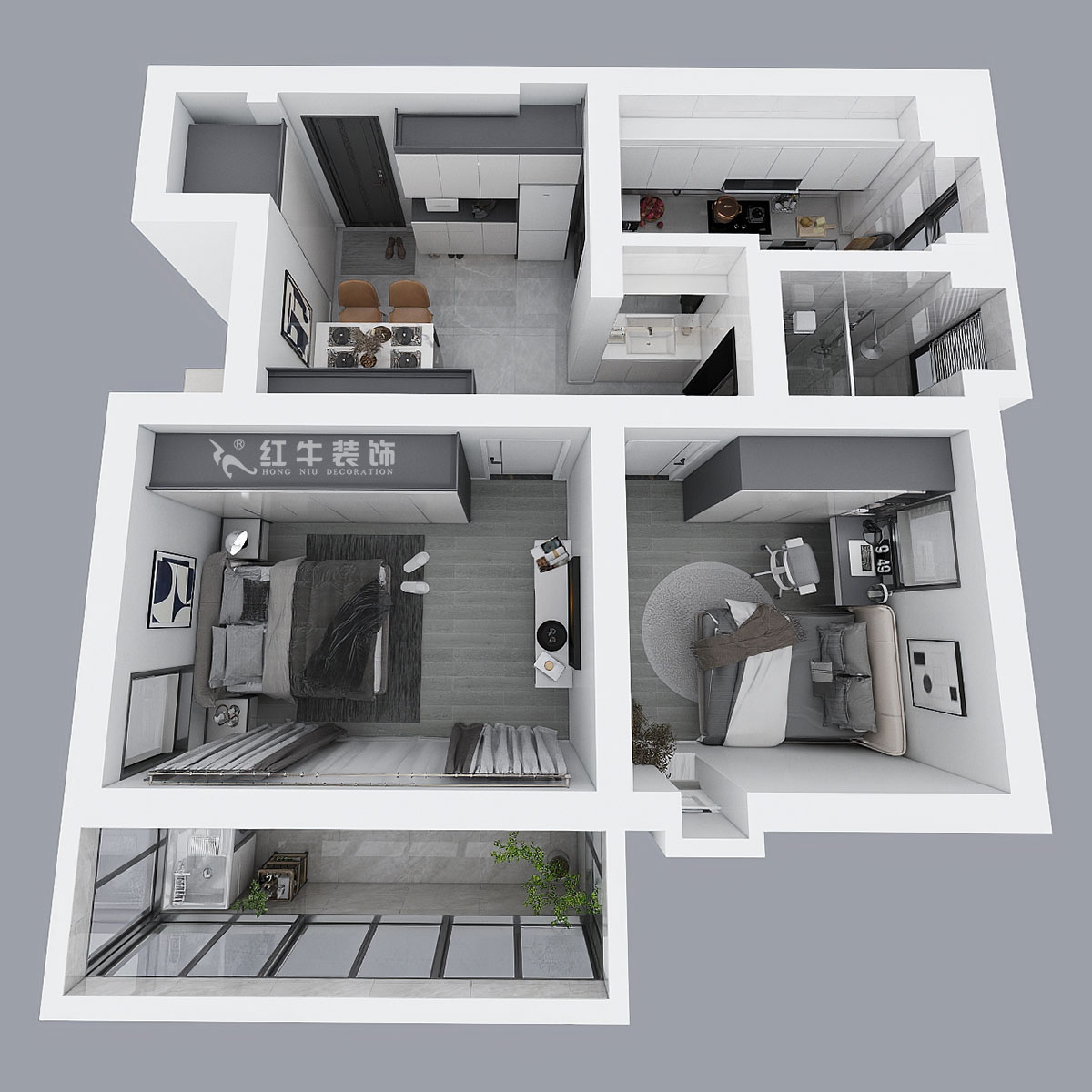 蔣?。珗@路44號小區(qū)3-204-60㎡-現(xiàn)代簡約風(fēng)格｜2室1廳1衛(wèi)｜舊房裝修｜定制家｜全包10萬｜00_04鳥瞰圖