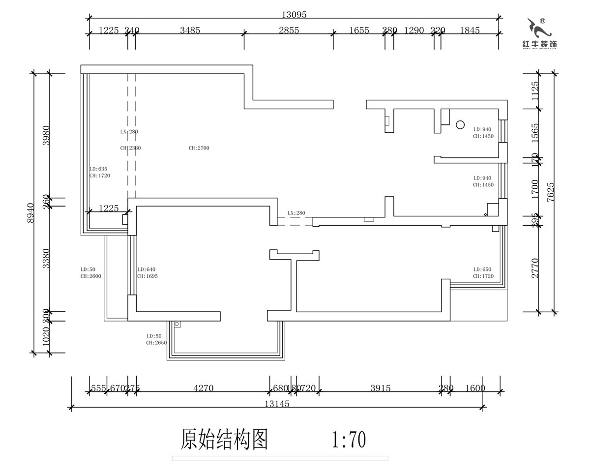 蔣?。霄沃腥A廣場11-601-110㎡-現(xiàn)代簡約風(fēng)格｜2室2廳1衛(wèi)｜舊房裝修｜定制家￥140400｜全包15萬｜00_01原始結(jié)構(gòu)圖