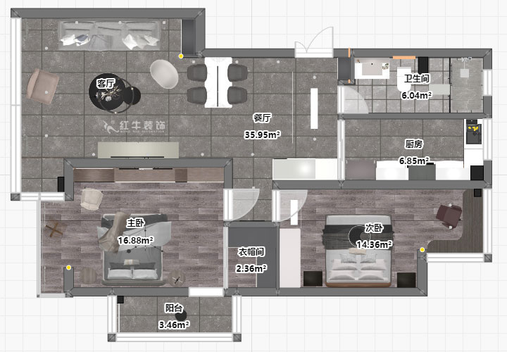 蔣琛｜紫鑫中華廣場11-601-110㎡-現(xiàn)代簡約風(fēng)格｜2室2廳1衛(wèi)｜舊房裝修｜定制家￥140400｜全包15萬｜00_03平面彩圖