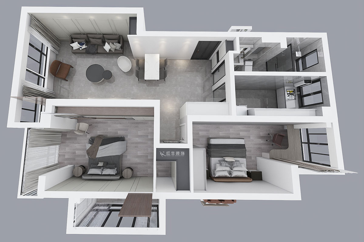 蔣?。霄沃腥A廣場11-601-110㎡-現(xiàn)代簡約風(fēng)格｜2室2廳1衛(wèi)｜舊房裝修｜定制家￥140400｜全包15萬｜00_04鳥瞰圖
