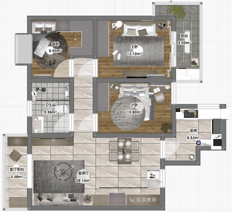 陶陽｜雙和園2-1401-115㎡-現在簡約風格｜3室2廳1衛(wèi)｜毛坯房裝修｜定制家｜全包14萬｜00_03平面彩圖