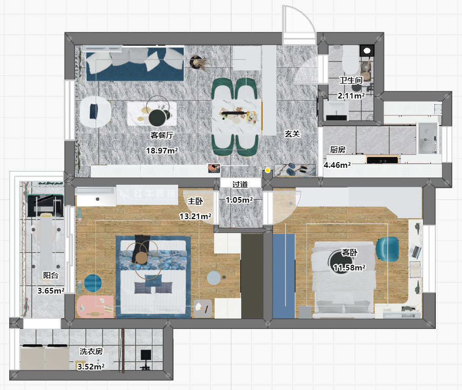 石海升|東井村39號7棟501-74㎡-簡約輕奢風格|2室2廳1衛(wèi)|二手房裝修|定制家¥90686|全包9