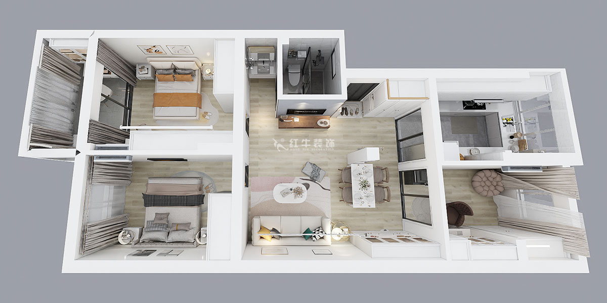 蔣琛｜鐘山山莊24-303-90㎡-現(xiàn)代簡約風(fēng)格｜3室1廳1衛(wèi)｜舊房裝修｜定制家￥120000｜全包13萬｜00_04俯視圖