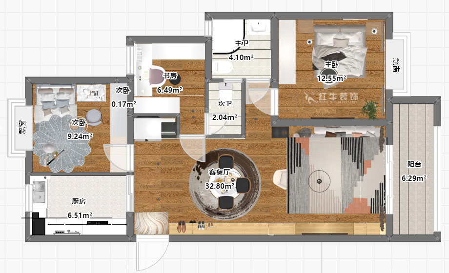 朱彥｜威尼斯水城十八街區(qū)6-1505-115㎡-簡約風格｜3室2廳2衛(wèi)｜新房裝修｜定制家￥150000｜全包15萬｜00_03平面彩圖