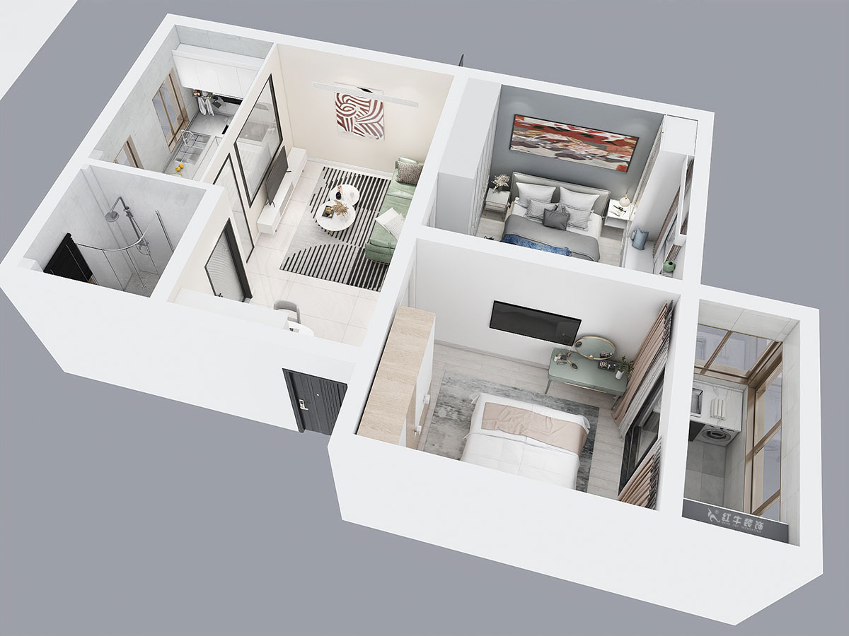 朱明琪｜旭光里57-4-407-69㎡-現(xiàn)代簡約風格｜2室2廳1衛(wèi)｜老房翻新｜定制家￥113520｜全包11萬｜00_04鳥瞰圖