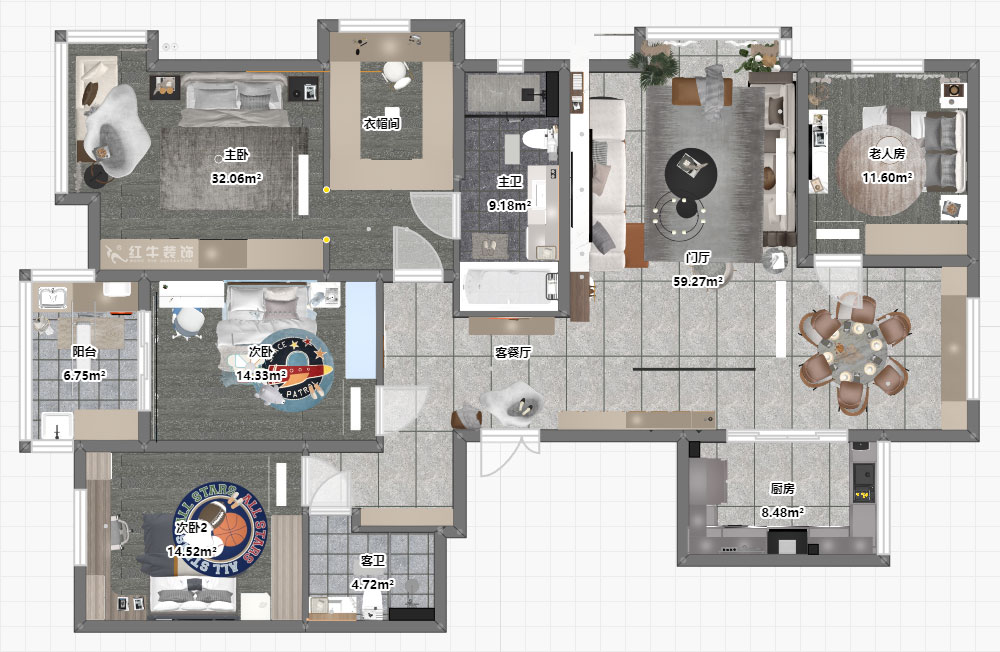 陶陽｜京門府2-806-200㎡-現(xiàn)代簡約風(fēng)格｜4室2廳2衛(wèi)｜毛坯房裝修｜定制家￥242314｜全包24萬｜00_03平面彩圖