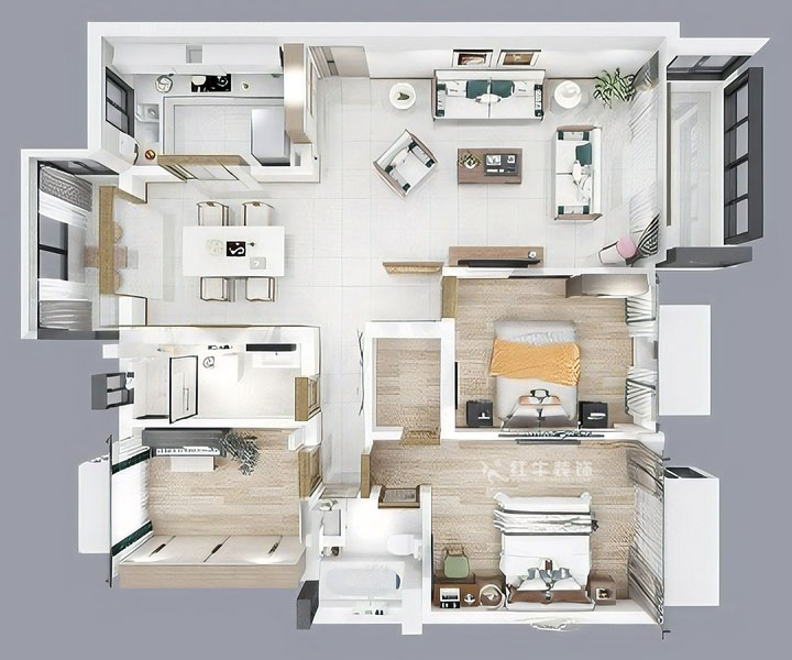 蔣?。愀窭锢瓥|苑6-302-130㎡-新中式風(fēng)格｜3室2廳2衛(wèi)｜舊房裝修｜定制家￥158973｜全包19萬｜00_04鳥瞰圖