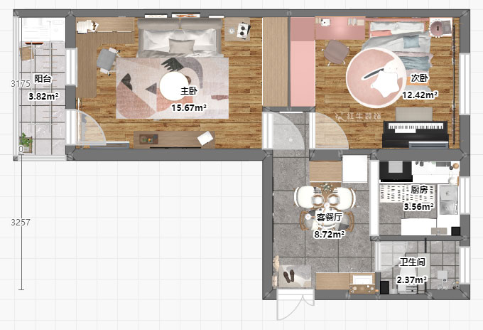 張桐瑋｜老虎頭3-1-403-59㎡-現(xiàn)代簡約風格｜2室1廳1衛(wèi)｜老房裝修｜定制家￥68410｜全包10萬｜00_04平面彩圖